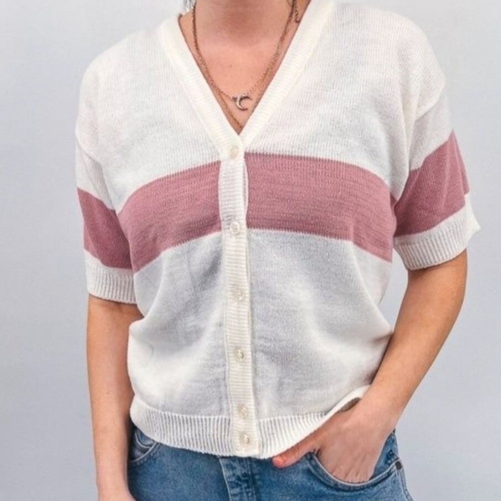 Bedford Fair Vintage Womens Short Sleeve Cardigan Sweater White Pink Stripe‎ S